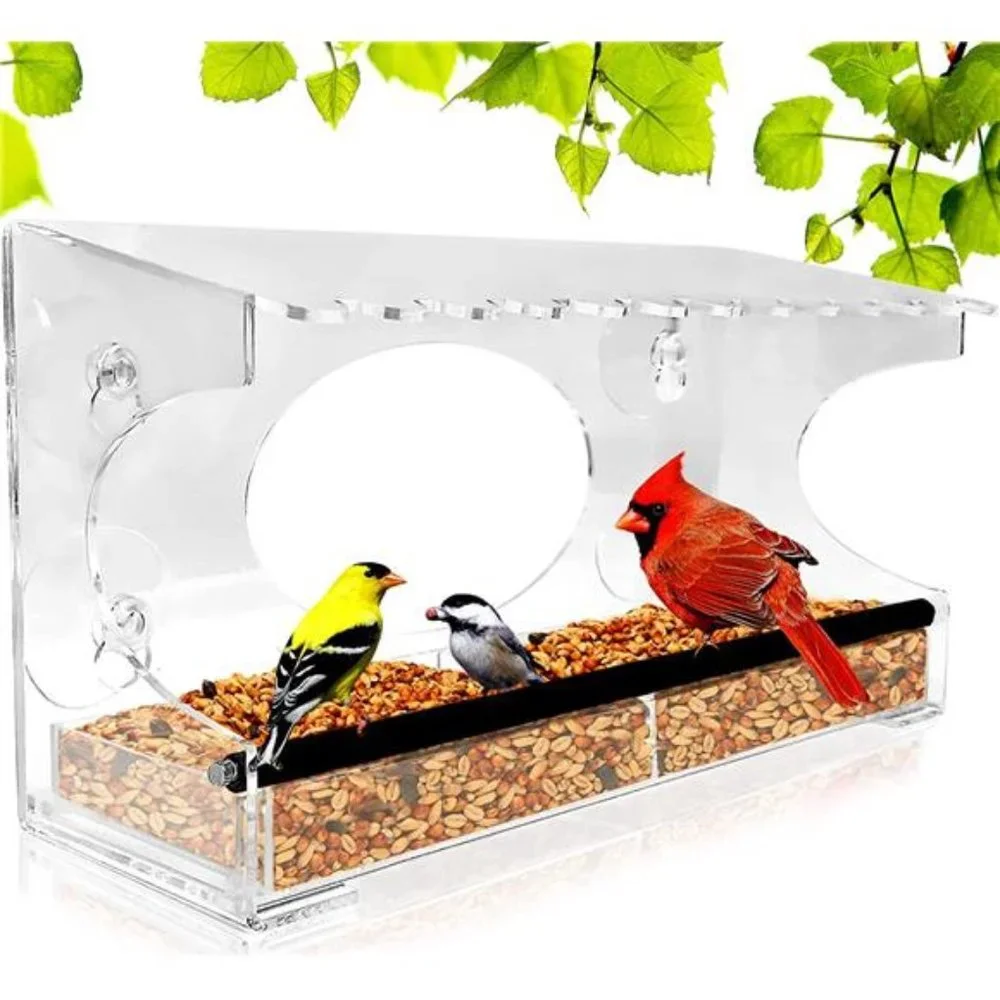 XL Window Bird Feeder-Extended Roof- Steel Perch-Sliding Feed Tray Drains Water